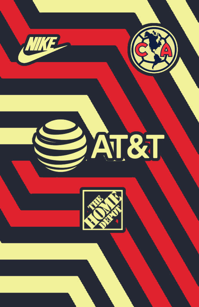 Club America 桌布 壁紙 — 大膽幾何圖案壁紙，紅黃黑條紋，印有Nike、AT&T和Home Depot標誌。