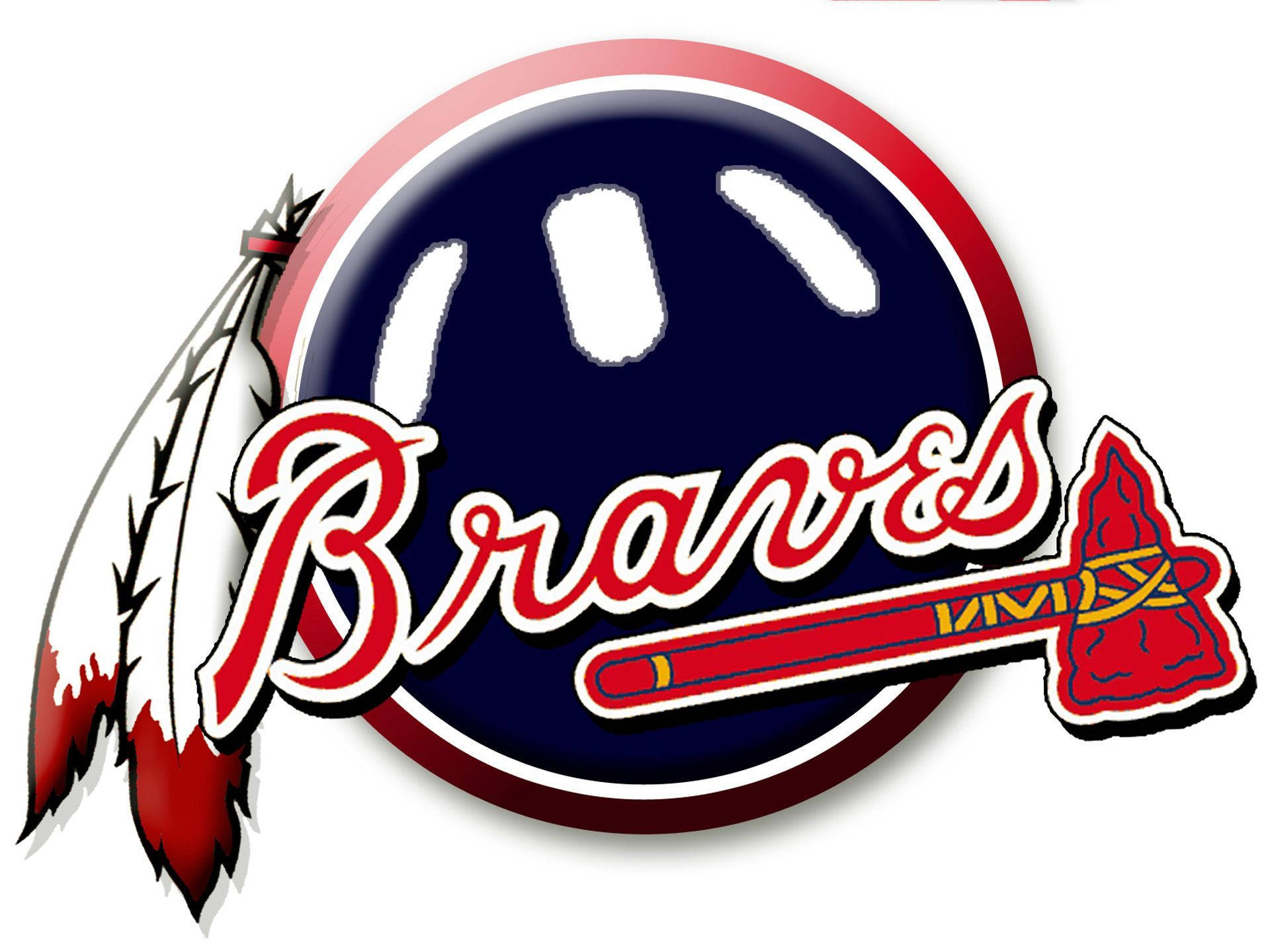 Braves 桌布 壁紙 — 大膽復古Braves標誌，帶有紅白藍圓形徽章、羽毛和戰斧圖案。
