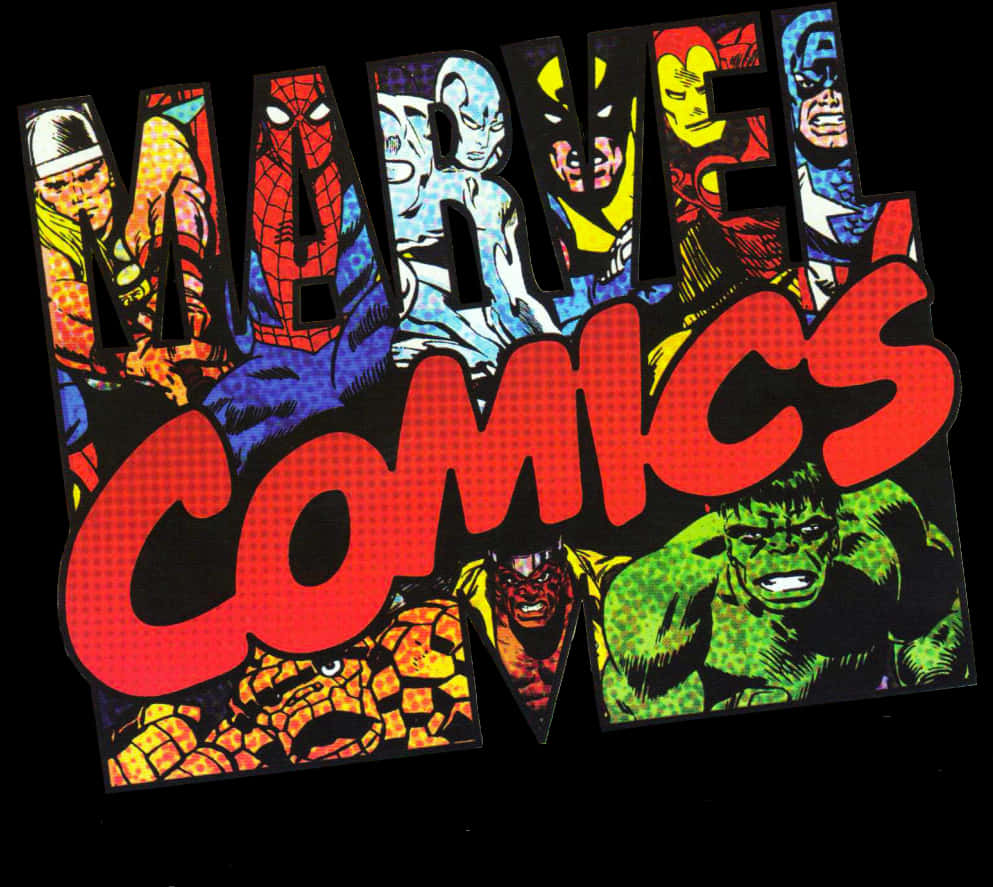 漫威 桌布 壁紙 — 大膽復古Marvel Comics標誌，在黑色背景上以經典漫畫風格展現標誌性超級英雄。