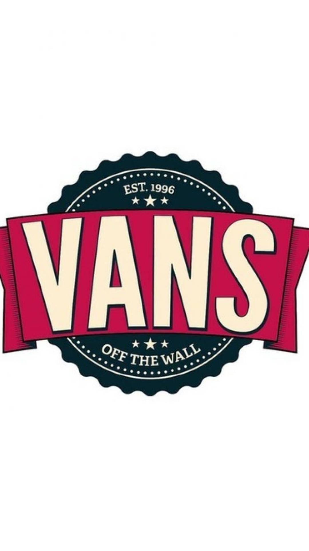 Vans Logo 桌布 壁紙 — 大膽復古Vans標誌，紅色絲帶和黑色印章在白色背景上。