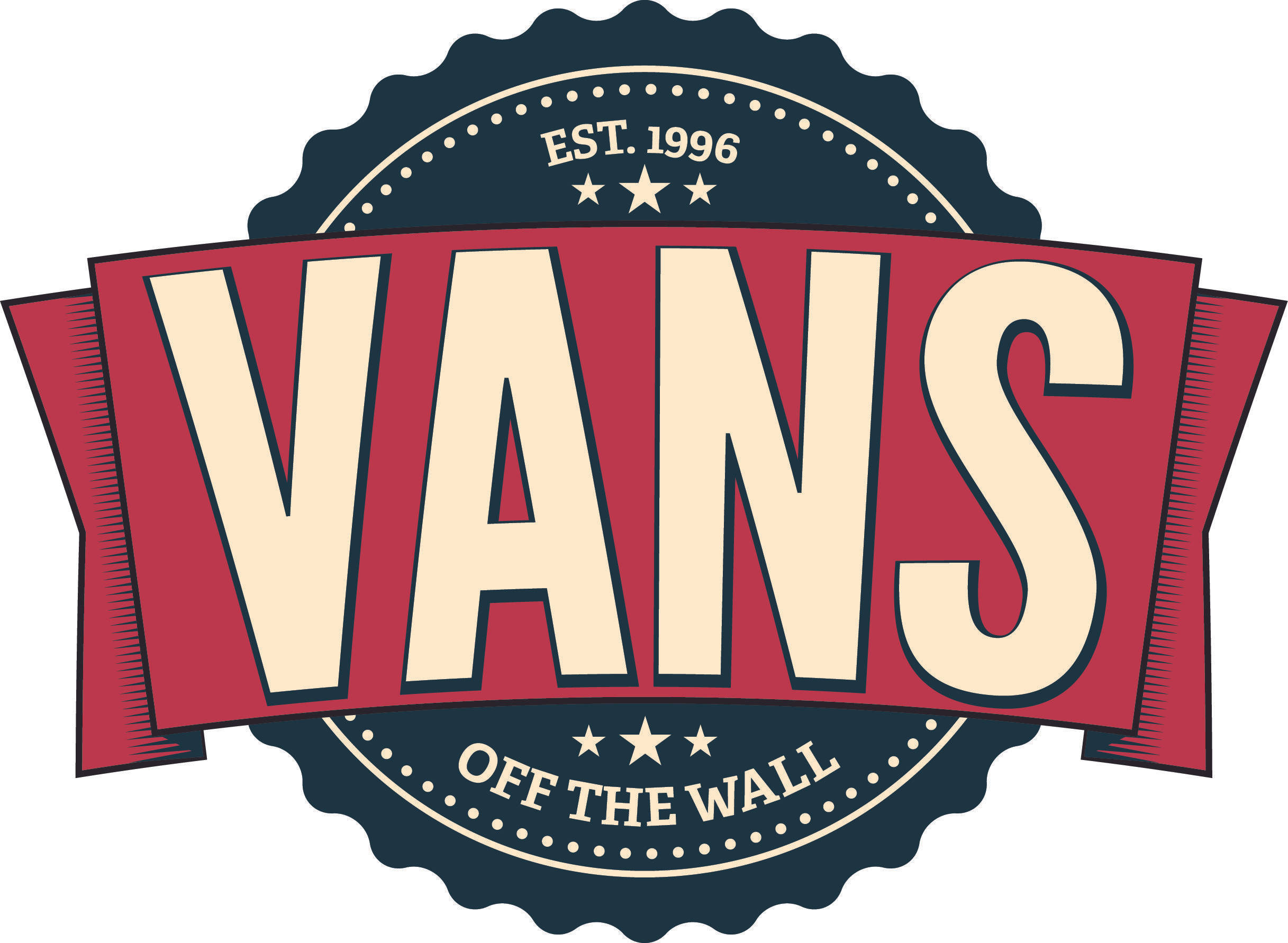 Vans Off The Wall 桌布 壁紙 — 大膽復古風格Vans標誌，奶油色字體在紅色絲帶和深藍色扇形徽章上，帶有「EST. 1996」和「OFF THE WALL」。
