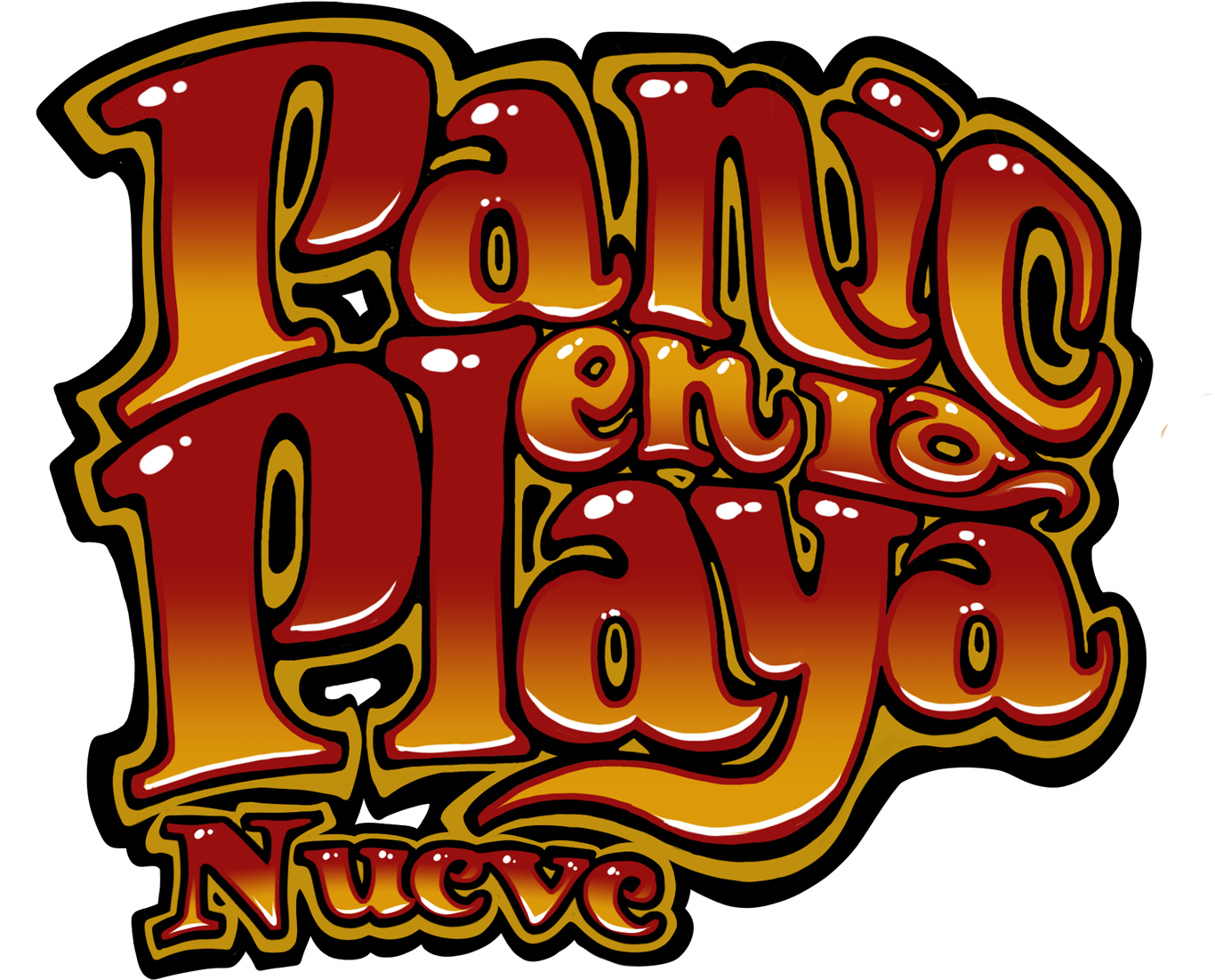 Panic 桌布 壁紙 — 大膽復古風格標誌，黑色背景上帶有光澤紅橙色漸變文字「Panic en la Playa Nueve」。