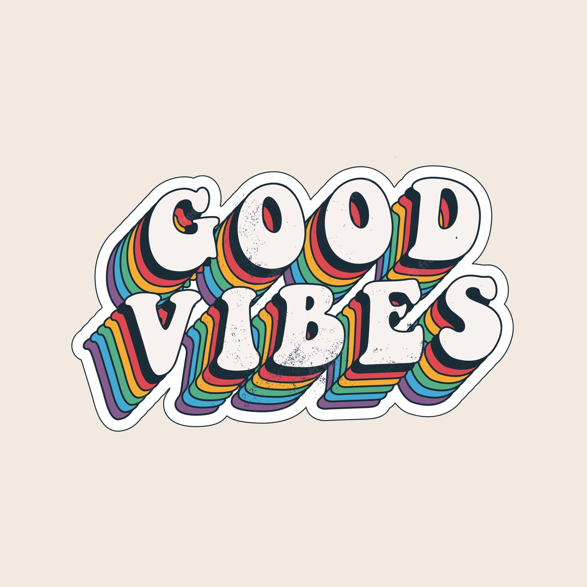 Vibes 桌布 壁紙 — 大膽復古風格的「GOOD VIBES」文字，搭配彩虹條紋和磨損白色字母，背景為米色。