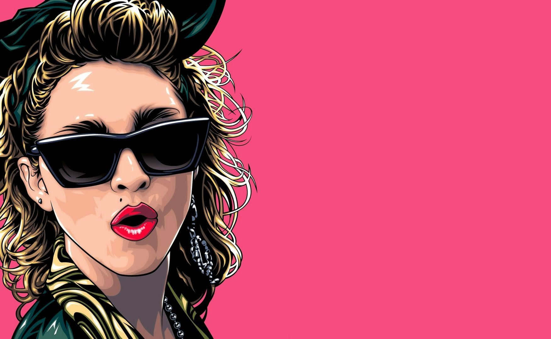 Madonna 桌布 壁紙 — 大膽插畫肖像：一位捲髮戴太陽眼鏡的女性，背景為充滿活力的粉紅色。