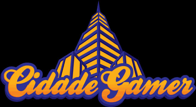標誌 桌布 壁紙 — 大膽標誌，帶有橙色和藍色風格化金字塔及草書 'Cidade Gamer' 文字，背景為黑色。