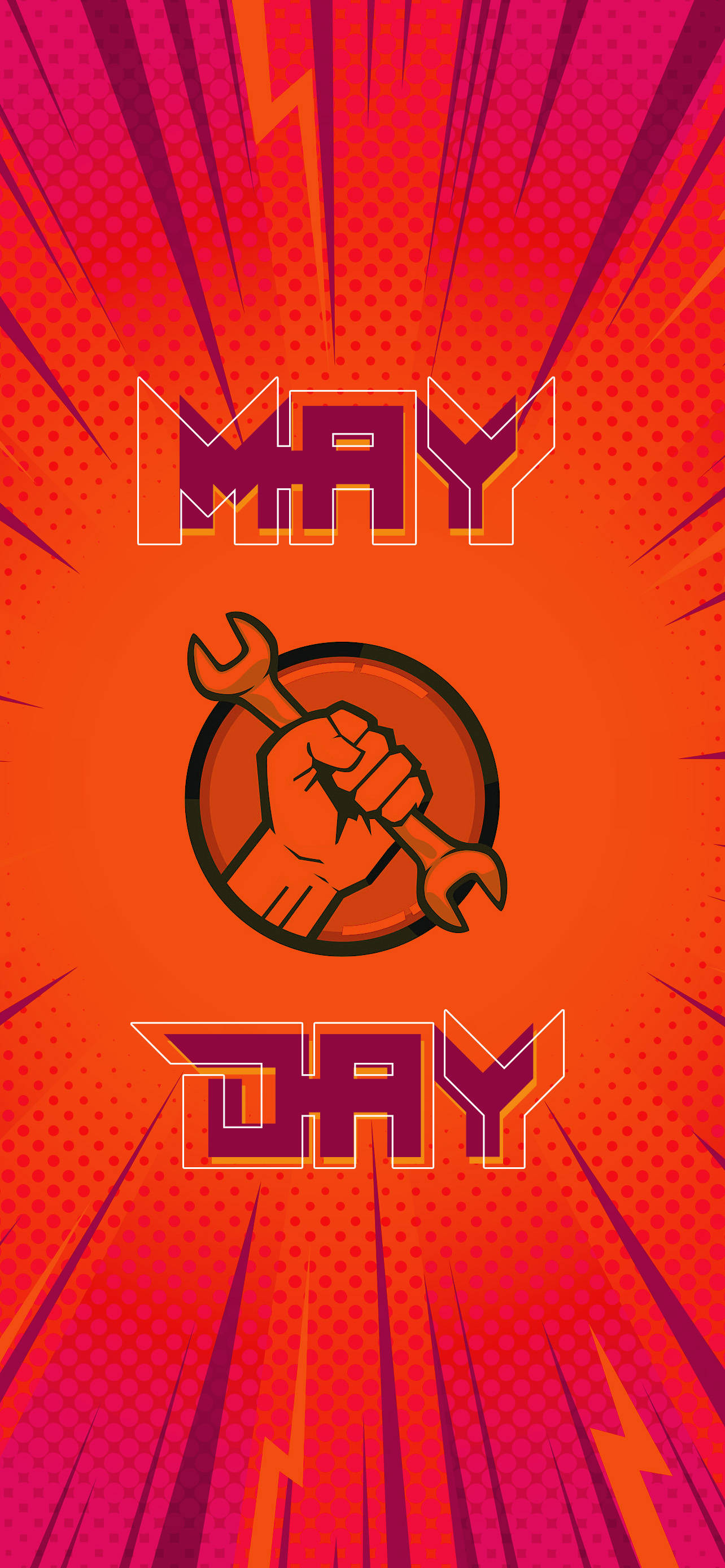 五月天 桌布 壁紙 — 大膽漫畫風格圖形，緊握扳手的拳頭位於「MAY」和「DAY」文字之間，背景為鮮豔的紅色和橙色放射狀爆發。