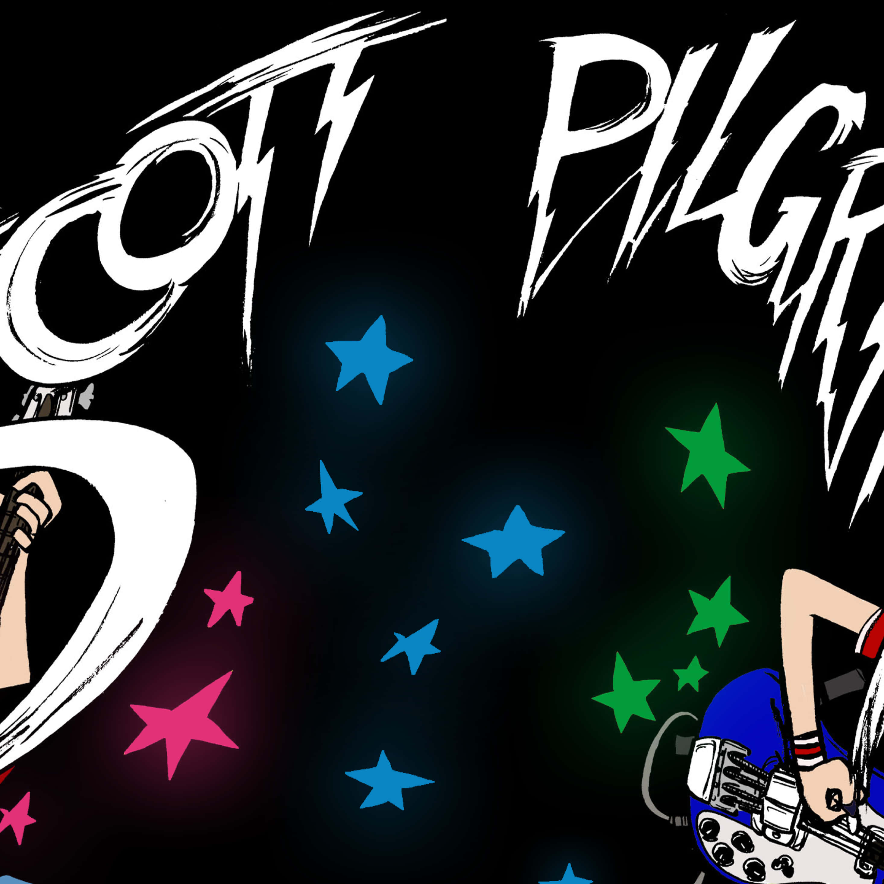 scott pilgrim 桌布 壁紙 — 大膽漫畫風格插圖，兩個角色在黑色背景上持槍，背景有發光星星。