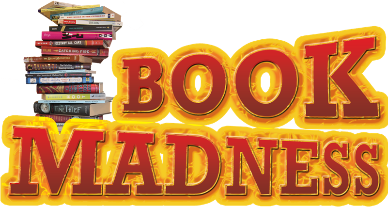三月 桌布 壁紙 — 大膽火熱的文字寫著「BOOK MADNESS」，左側有一堆色彩繽紛的書籍在黑色背景上爆發出來。