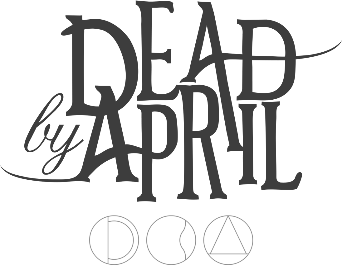 Logo Design 桌布 壁紙 — 大膽灰色風格文字寫著「DEAD by APRIL」，黑色背景，下方有三個極簡幾何符號。