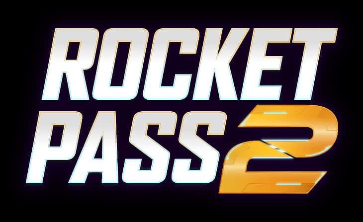 遊戲 桌布 壁紙 — 大膽發光的文字「ROCKET PASS 2」在黑色背景上帶有金屬光澤和霓虹亮點。