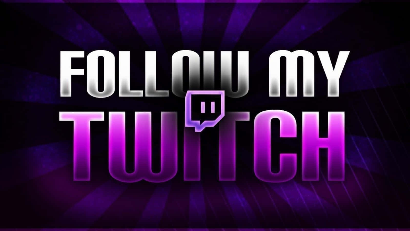 Twitch 桌布 壁紙 — 大膽發光的文字，在絢麗的紫色放射狀背景上，敦促觀眾關注 Twitch 直播。