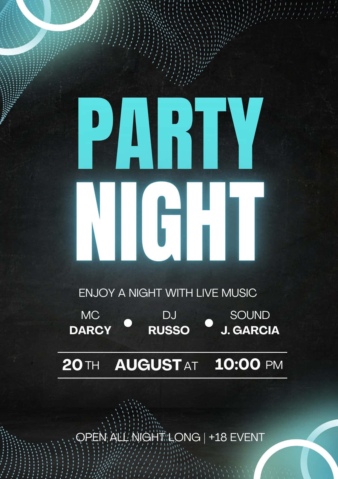 Party 桌布 壁紙 — 大膽發光的文字在深色紋理背景上搭配青綠色圓形圖案，宣佈一個有現場音樂的派對之夜。