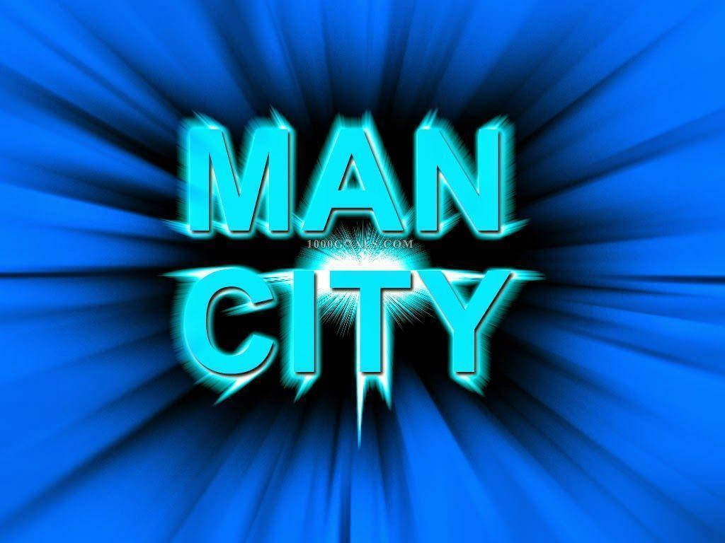 藍色美學 桌布 壁紙 — 大膽發光的藍色「MAN CITY」文字，在動態藍色放射狀爆發背景上散發能量。