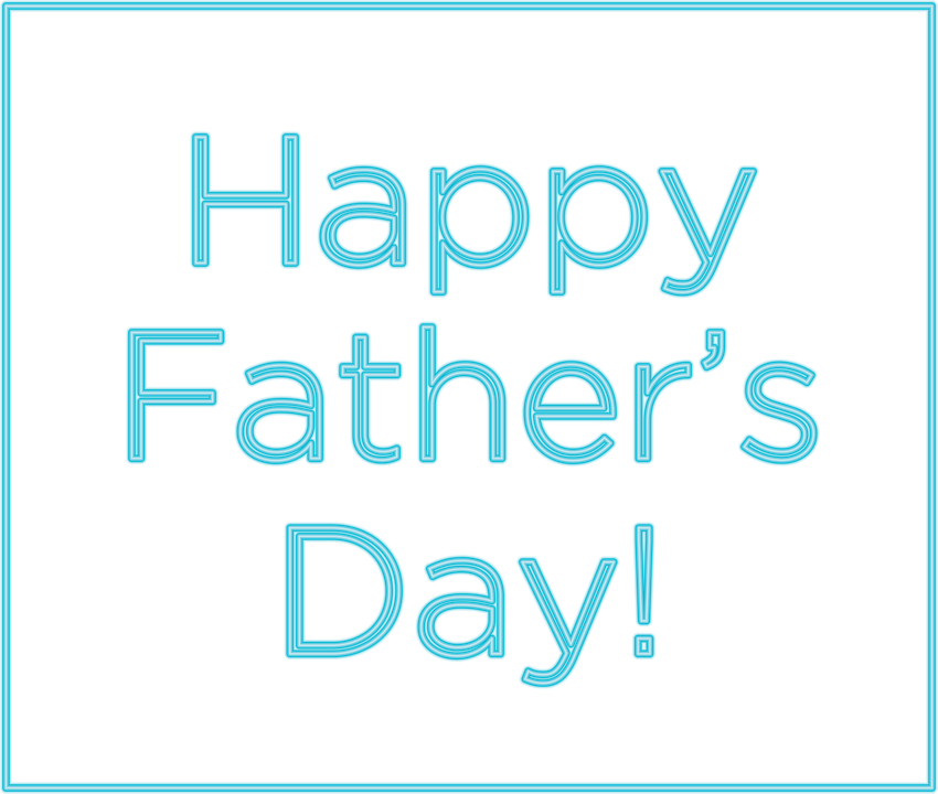 Happy Fathers Day 桌布 壁紙 — 大膽發光的藍色霓虹文字在純黑色背景上顯示「Happy Father's Day」，並帶有匹配的藍色邊框。