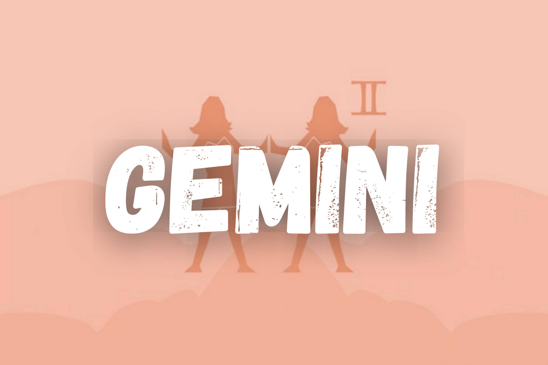 gemini 桌布 壁紙 — 大膽白色 'GEMINI' 文字，搭配雙胞胎剪影和星座符號，置於柔和蜜桃漸層背景上。