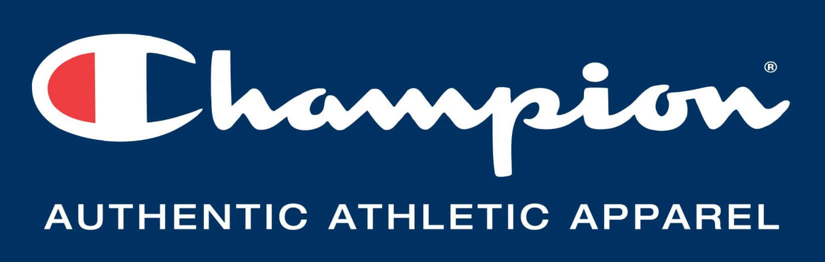 Champion 桌布 壁紙 — 大膽白色Champion標誌配紅色點綴，深藍色背景，標語正宗運動服飾。