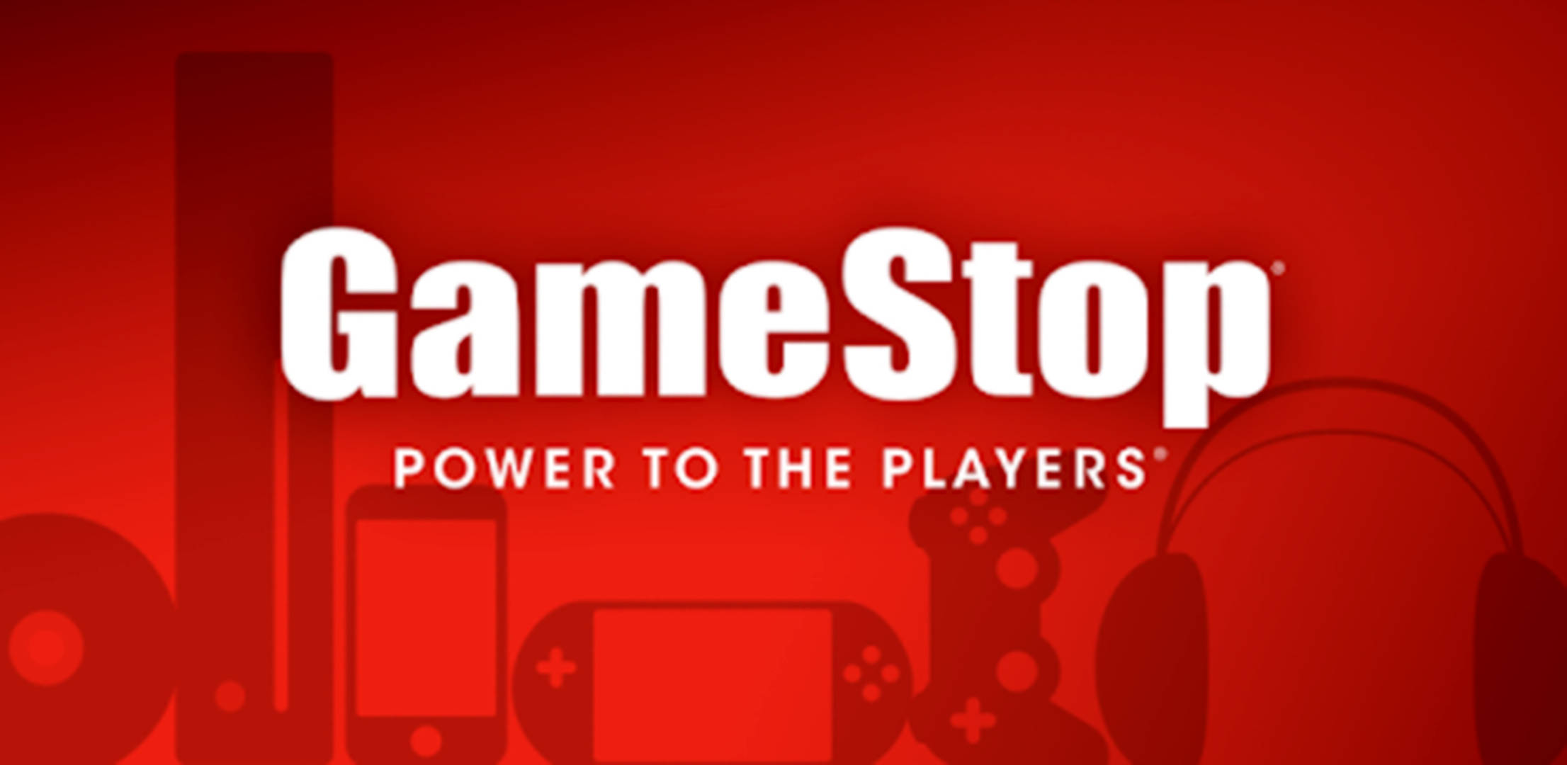 GameStop 桌布 壁紙 — 大膽白色GameStop標誌，鮮紅色背景，帶有模糊遊戲設備剪影。