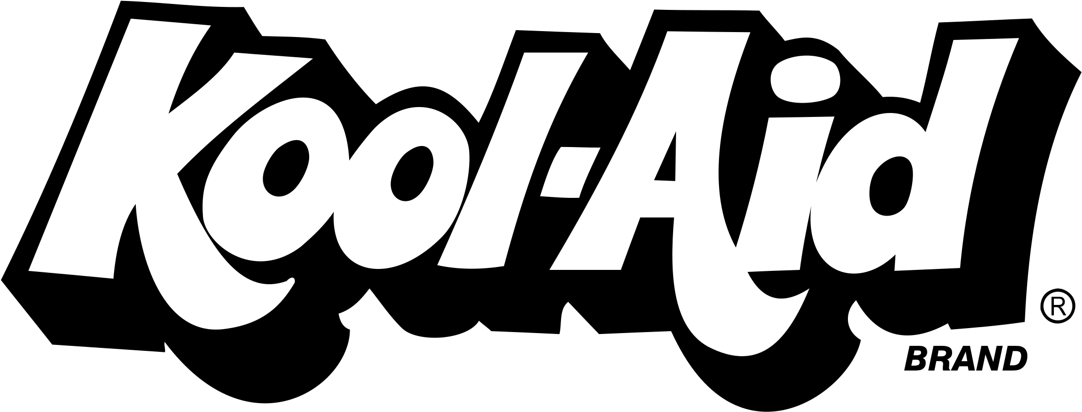Kool Aid 小幫手 桌布 壁紙 — 大膽白色Kool-Aid標誌以風格化手寫體呈現，置於純黑色背景上，附有註冊商標符號。