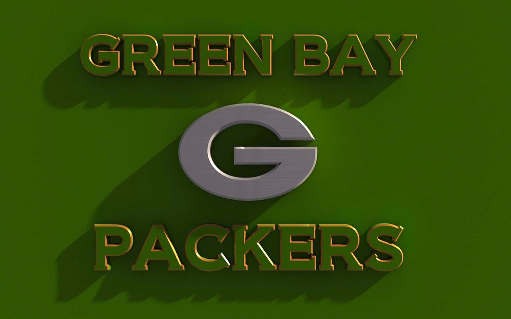 Packers 桌布 壁紙 — 大膽的 3D Green Bay Packers 標誌，帶有金屬質感的 G 和金色字體，在純綠色背景上投射出長長的陰影。