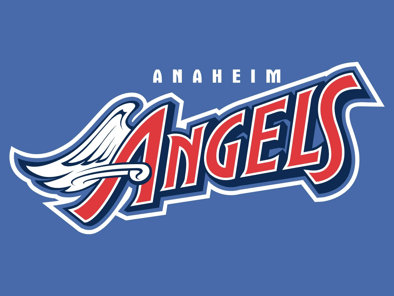 angels 桌布 壁紙 — 大膽的 Anaheim Angels 標誌，帶有紅、白、藍色翅膀，置於純藍色背景上。