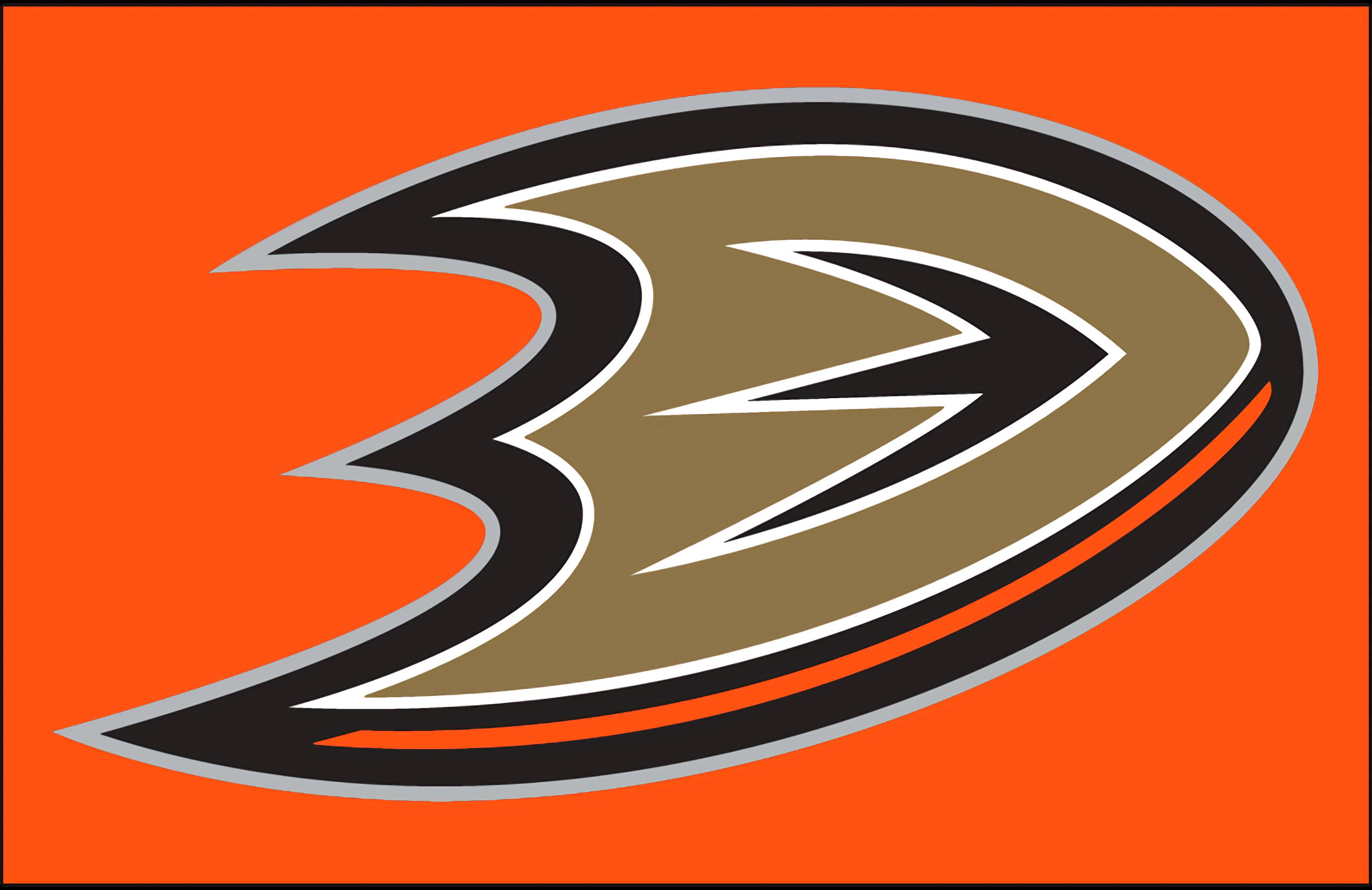 ducks 桌布 壁紙 — 大膽的 Anaheim Ducks 標誌，以黑色、棕色和白色風格化的鴨頭在鮮豔的橙色背景上。