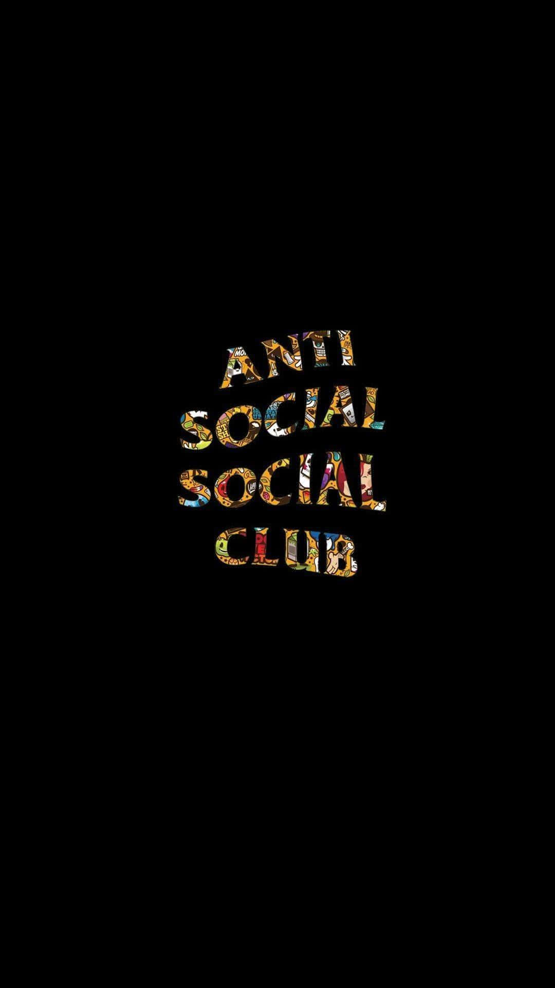 Anti Social Club iPhone 桌布 壁紙 — 大膽的「ANTI SOCIAL SOCIAL CLUB」文字以彩色馬賽克字體居中顯示在純黑背景上。
