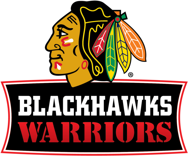 芝加哥 桌布 壁紙 — 大膽的 Blackhawks Warriors 標誌，以風格化的美洲原住民頭像和彩色羽毛為特色，背景為黑色。