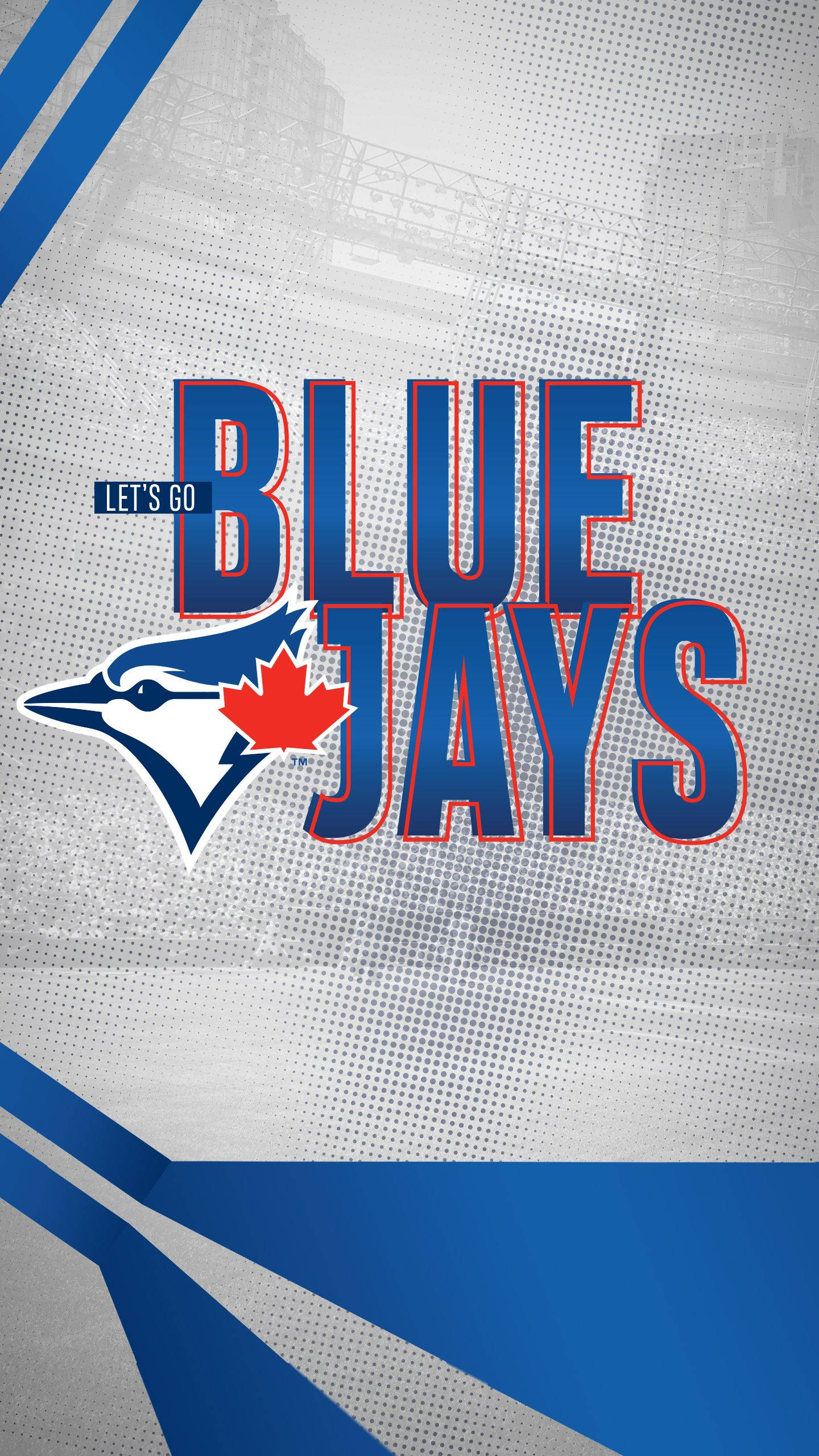 Jays 桌布 壁紙 — 大膽的 Blue Jays 標誌，帶有紅色楓葉和 'LET'S GO' 文字，背景為半色調紋理和藍色斜紋。