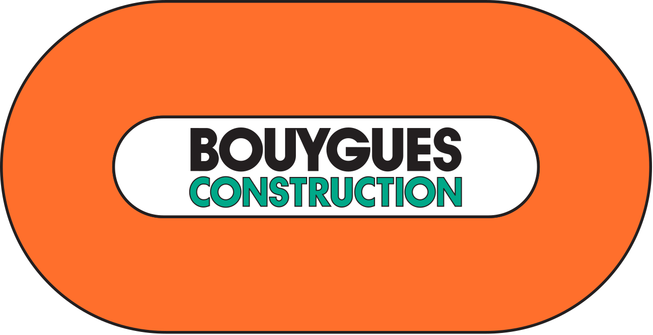 標誌 桌布 壁紙 — 大膽的 Bouygues Construction 標誌，以黑色和藍綠色文字顯示在白色圓角條上，居中於充滿活力的橙色橢圓形內。