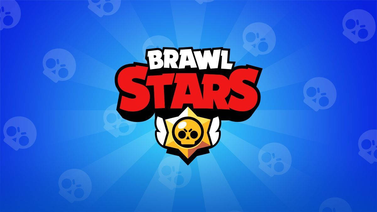 荒野亂鬥 桌布 壁紙 — 大膽的 Brawl Stars 標誌，紅色文字和骷髏標誌從帶有微妙骷髏圖案的藍色背景中散發出來。