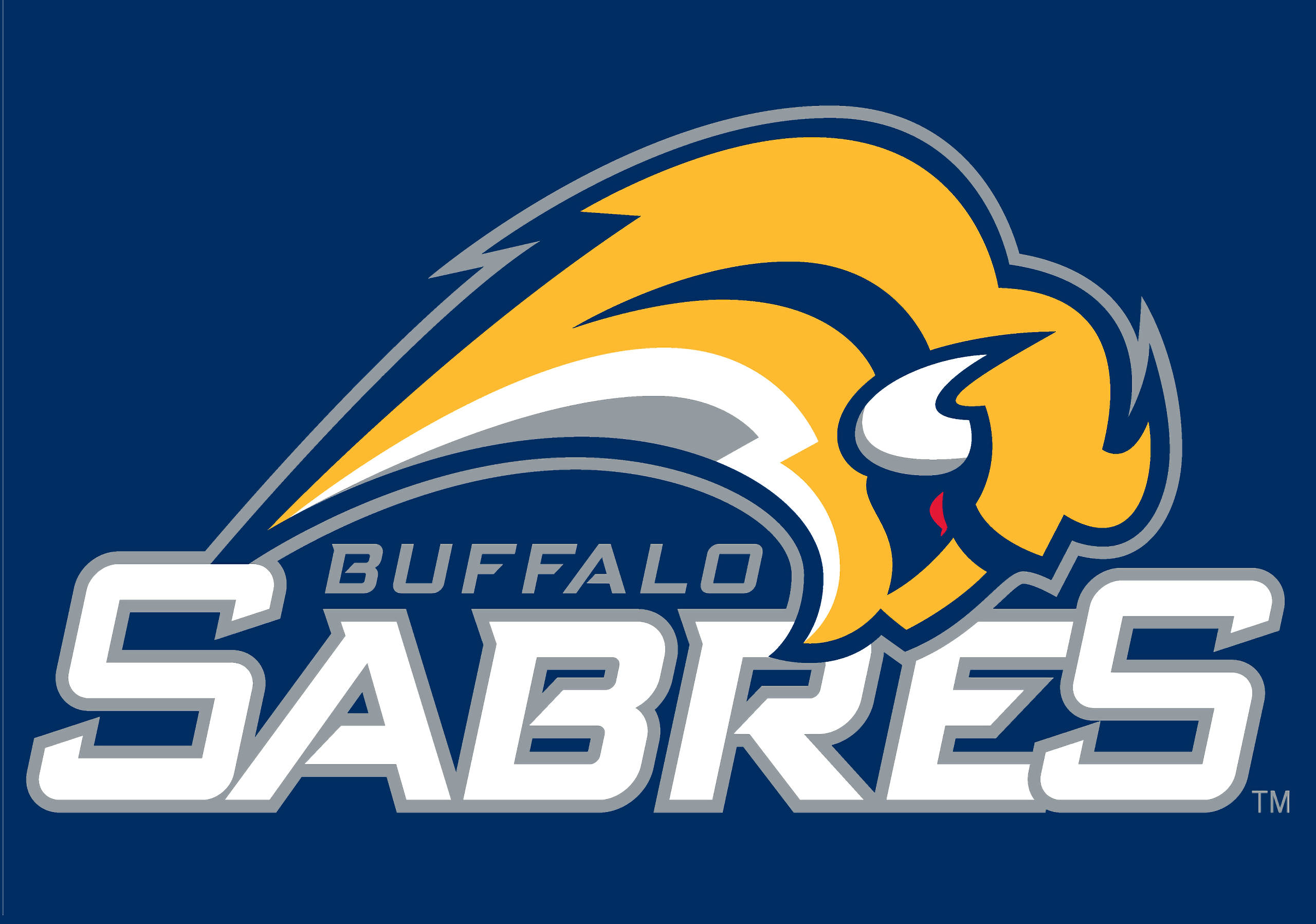 Sabres 桌布 壁紙 — 大膽的 Buffalo Sabres 標誌，以黃色水牛頭搭配白色和灰色點綴，置於深藍色背景上。