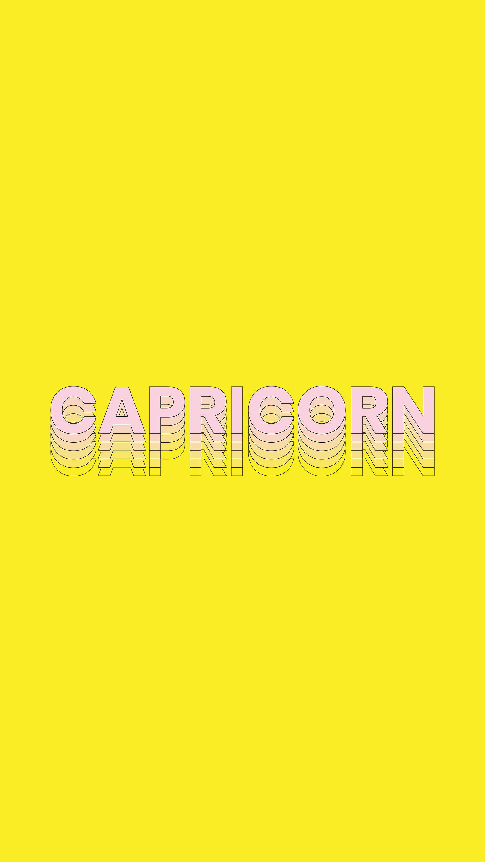 摩羯座 桌布 壁紙 — 大膽的 'CAPRICORN' 文字以粉紅和黃色層疊條紋居中在鮮豔的黃色背景上。
