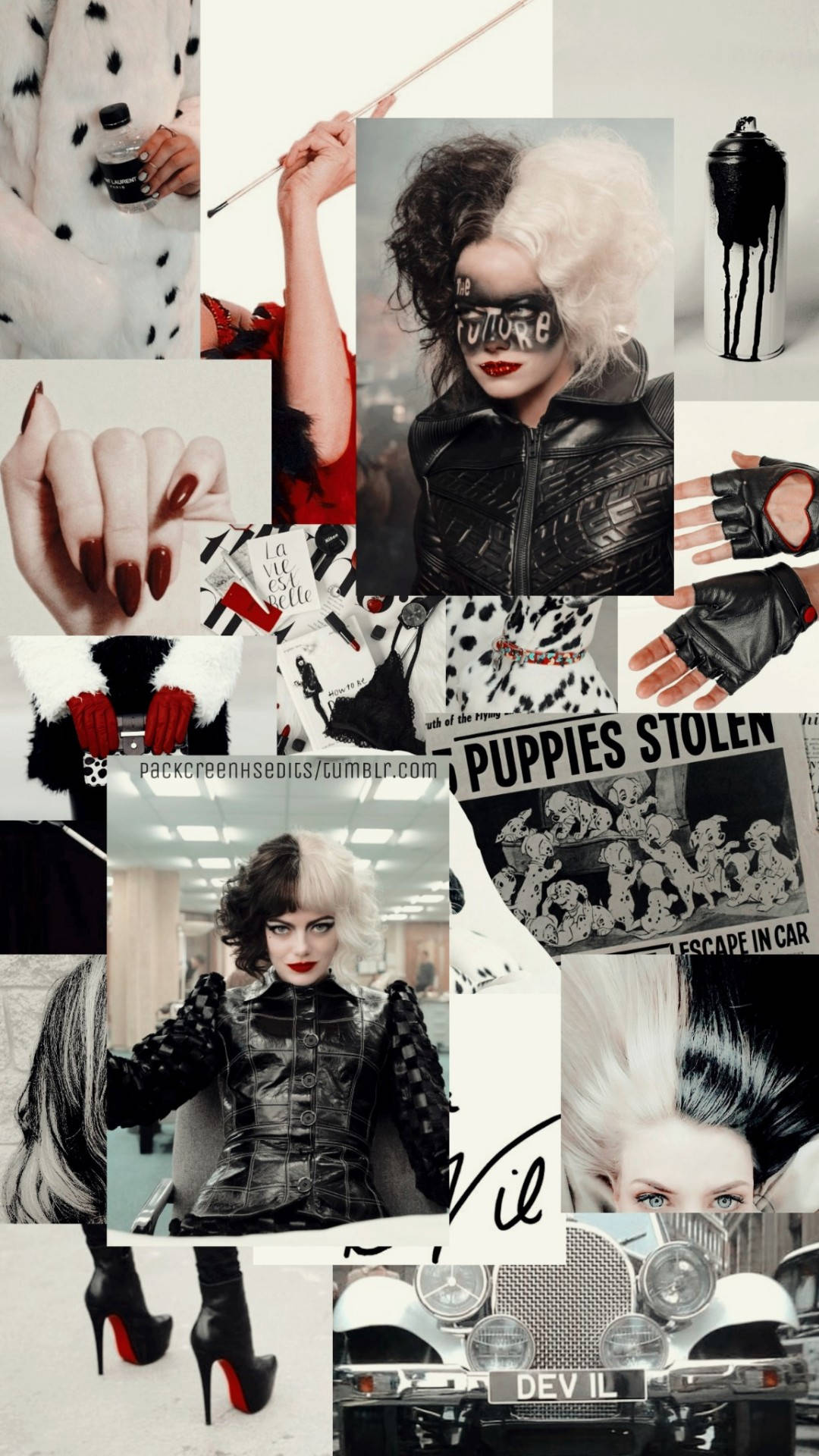Cruella 桌布 壁紙 — 大膽的 Cruella de Vil 主題拼貼畫，包含黑白毛皮、紅色指甲、皮革手套和復古汽車細節。