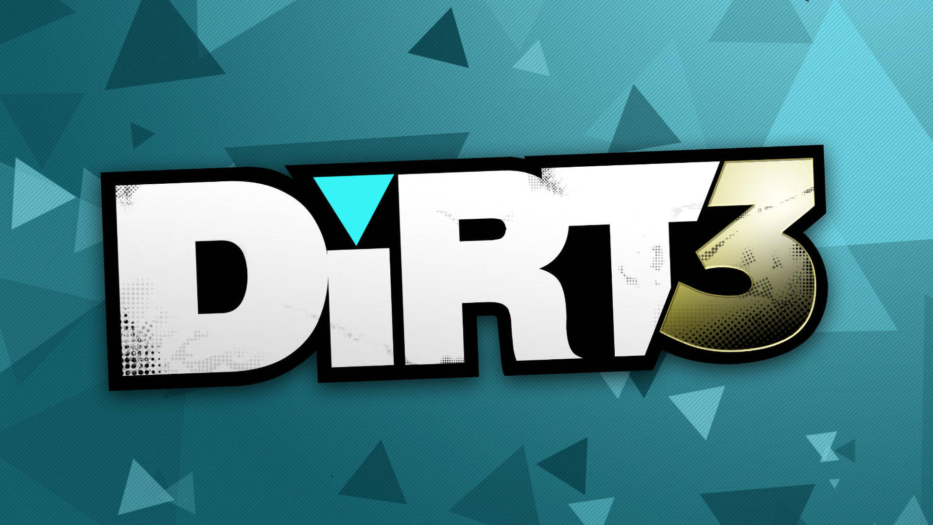 Dirt 3 桌布 壁紙 — 大膽的「DiRT 3」標誌，搭配白金色和藍綠色三角形背景，採用數位藝術風格。