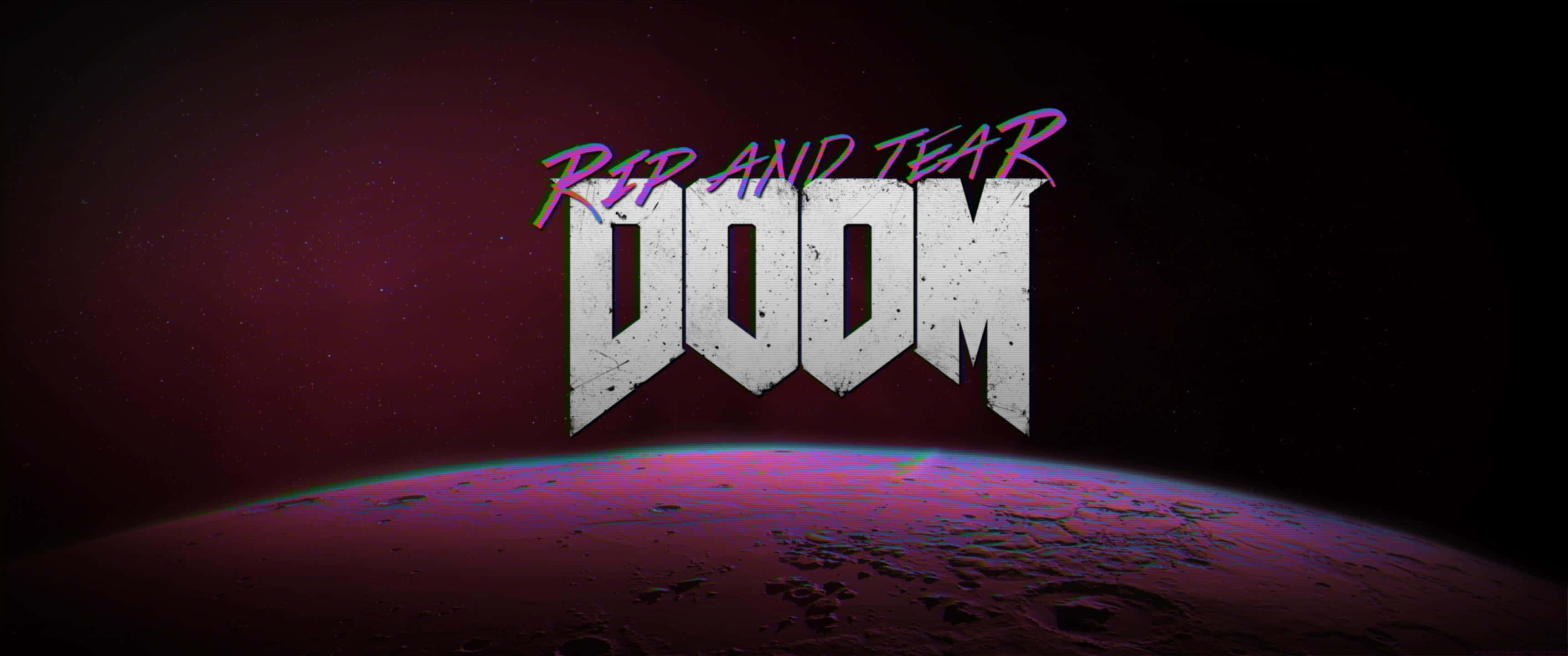 電玩遊戲 桌布 壁紙 — 大膽的 'DOOM' 標誌以粗糙白色和紫色霓虹文字懸浮在一個裂開的外星行星之上，背景是星光閃爍的深紅天空。