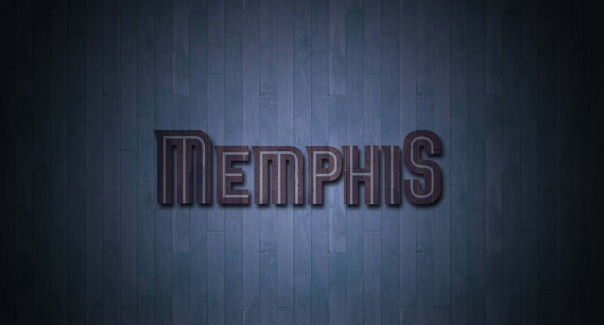 Grizzlies 桌布 壁紙 — 大膽的 Memphis 字體以金屬字母在深藍色木板牆上投射出柔和陰影。