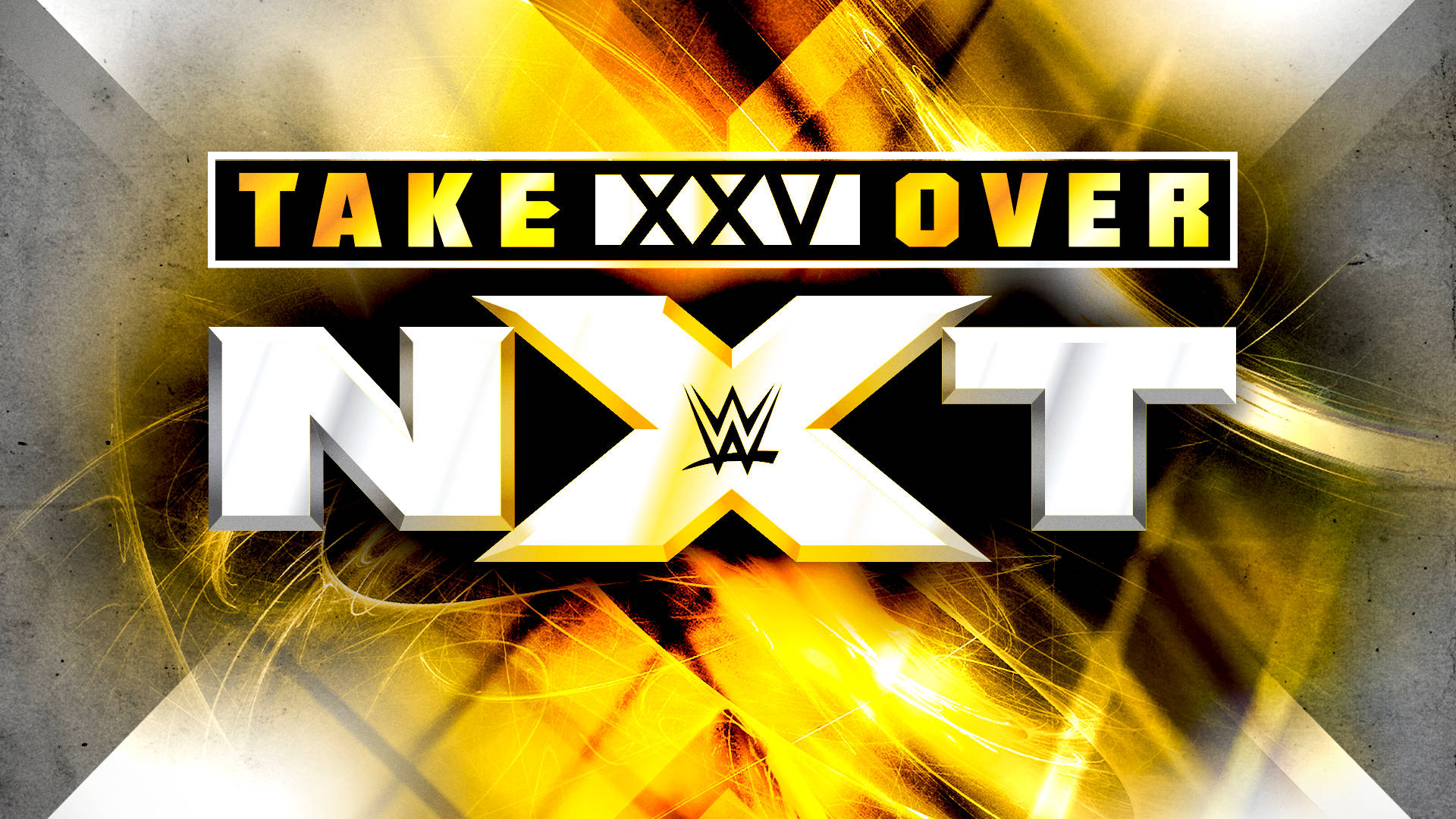 nxt 桌布 壁紙 — 大膽的 NXT Takeover XXV 標誌，帶有熾熱的金色和白色能量爆發，背景是粗糙的混凝土。