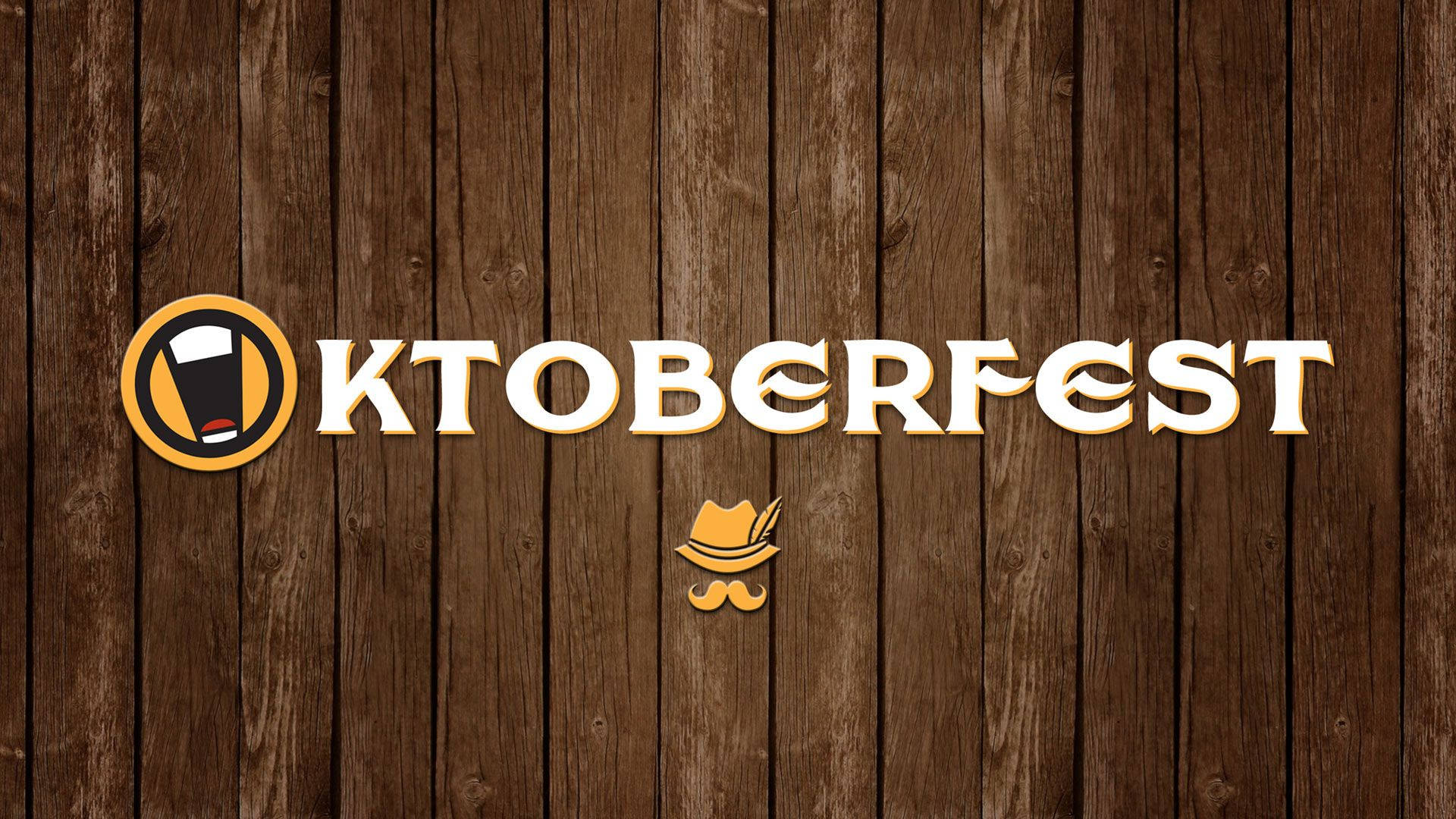 慕尼黑啤酒節 桌布 壁紙 — 大膽的 Oktoberfest 標誌，帶有啤酒杯和鬍子圖標，位於質樸的木板上。