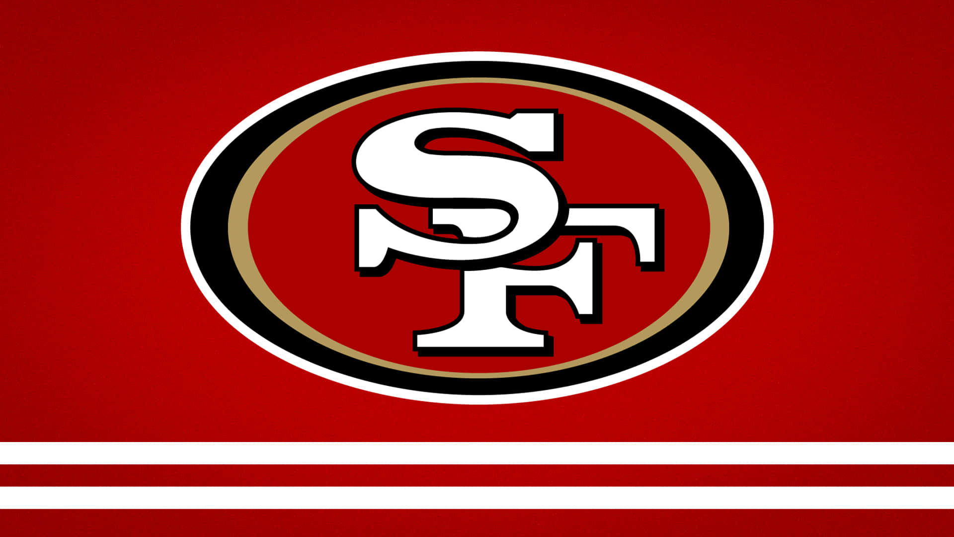 49ers 桌布 壁紙 — 大膽的 San Francisco 49ers 標誌居中在鮮紅色背景上，帶有白色和金色飾邊及水平條紋。