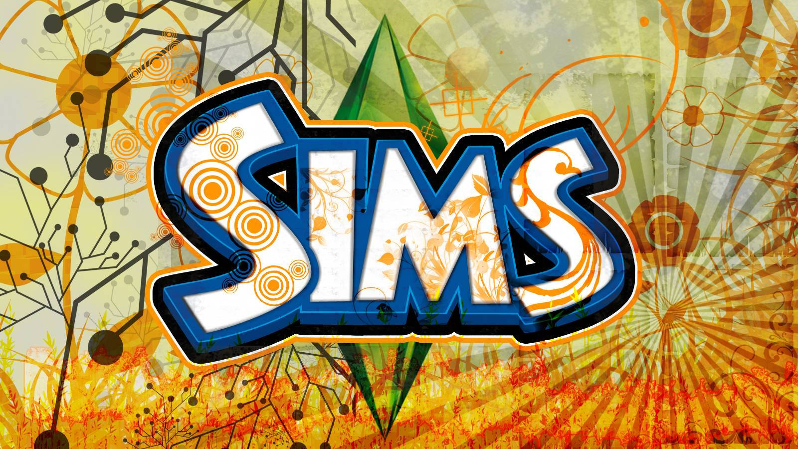 Cartoon 桌布 壁紙 — 大膽的 'Sims' 標誌，以塗鴉風格呈現，帶有橙色、藍色和綠色的點綴，襯托著充滿活力的抽象背景，上面有花卉和電路圖案。