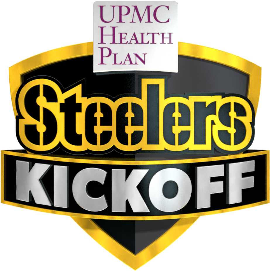 鋼人隊 桌布 壁紙 — 大膽的 Steelers Kickoff 標誌，採用金色和黑色盾牌設計，帶有 UPMC Health Plan 贊助文字。