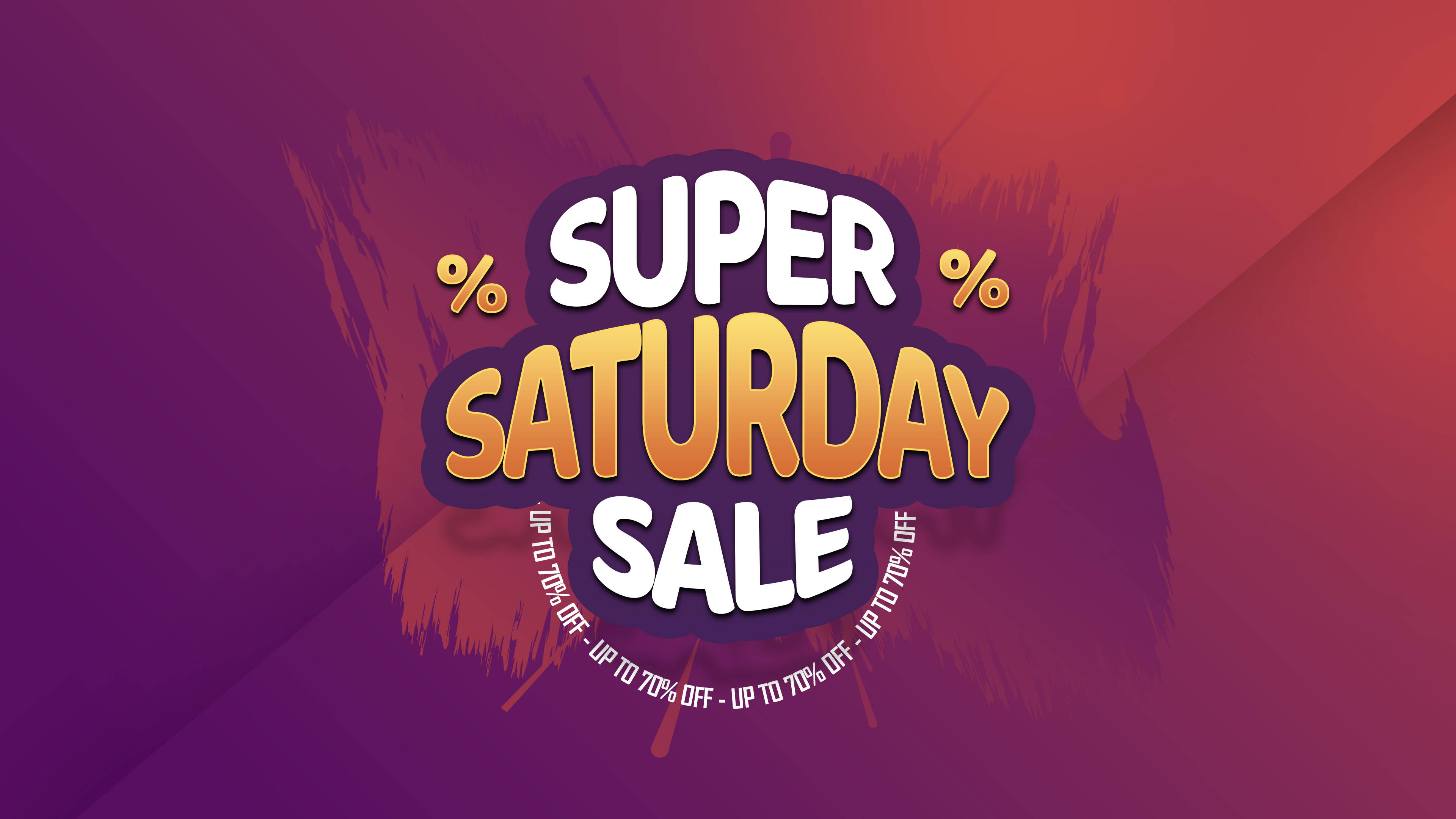 saturday 桌布 壁紙 — 大膽的 'Super Saturday Sale' 文字，白色和金色，帶有百分比符號，襯托著充滿活力的紫色和紅色漸變背景。