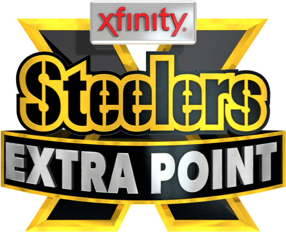 鋼人隊 桌布 壁紙 — 大膽的 xfinity steelers extra point 標誌，帶有金色、黑色和銀色文字，背景為黑色。