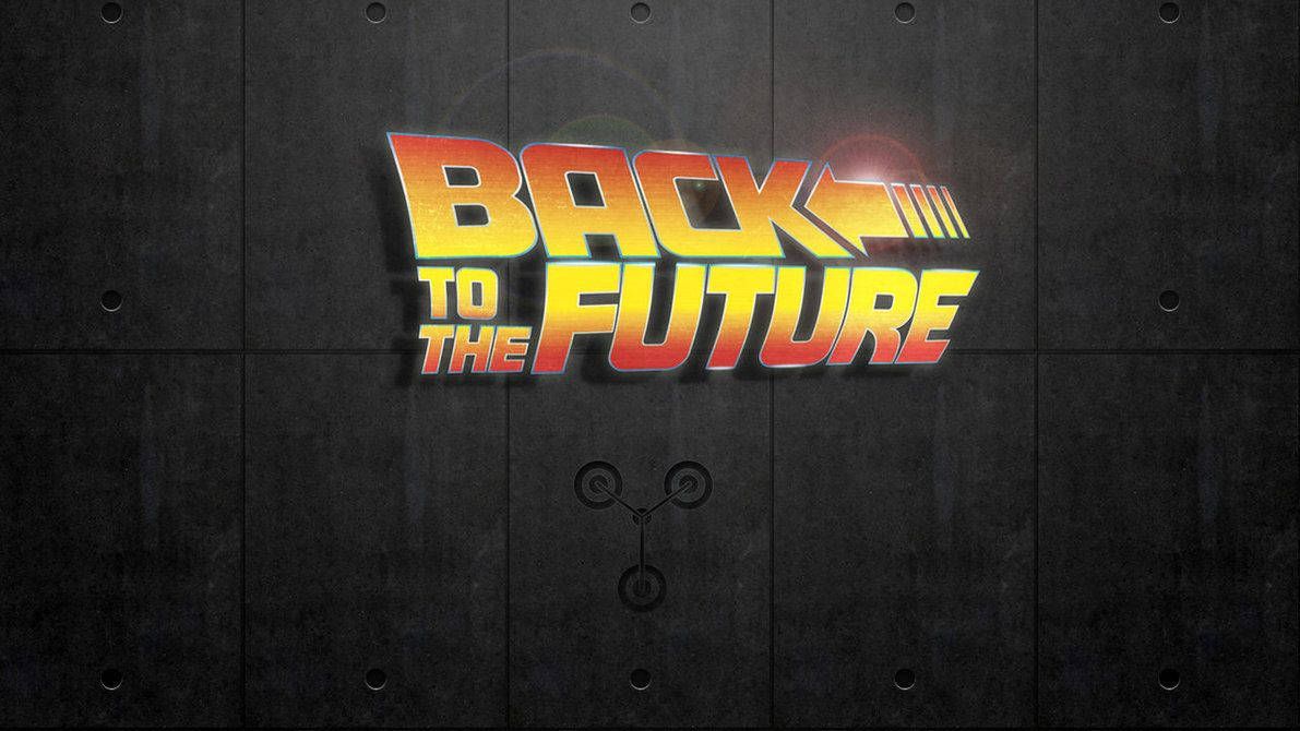 Future 桌布 壁紙 — 大膽的「回到未來」標誌以火熱漸層發光，映襯在深色紋理金屬牆上，下方有 DeLorean 時光機符號。