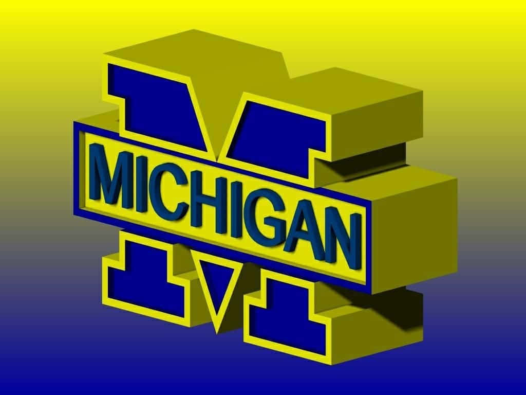 Michigan Wolverines 桌布 壁紙 — 大膽的3D密西根標誌，藍色和黃色方塊，背景由黃色漸變至藍色。