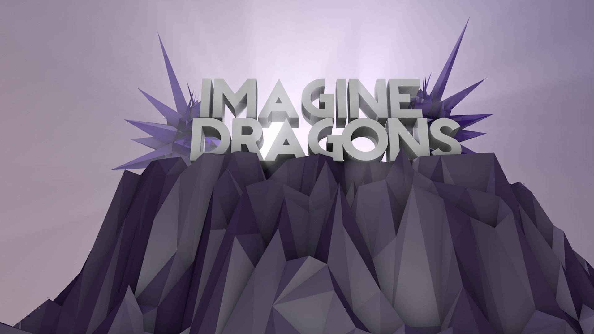 Dragons 桌布 壁紙 — 大膽的3D文字imagine dragons從紫色低多邊形山峰中浮現，背景是柔和的薰衣草天空。