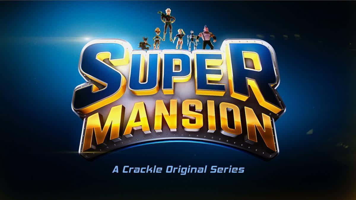 Hero 桌布 壁紙 — 大膽的3D標題「SUPER MANSION」，卡通超級英雄棲息在發光的藍色和金色字母上，背景為深藍色漸變。