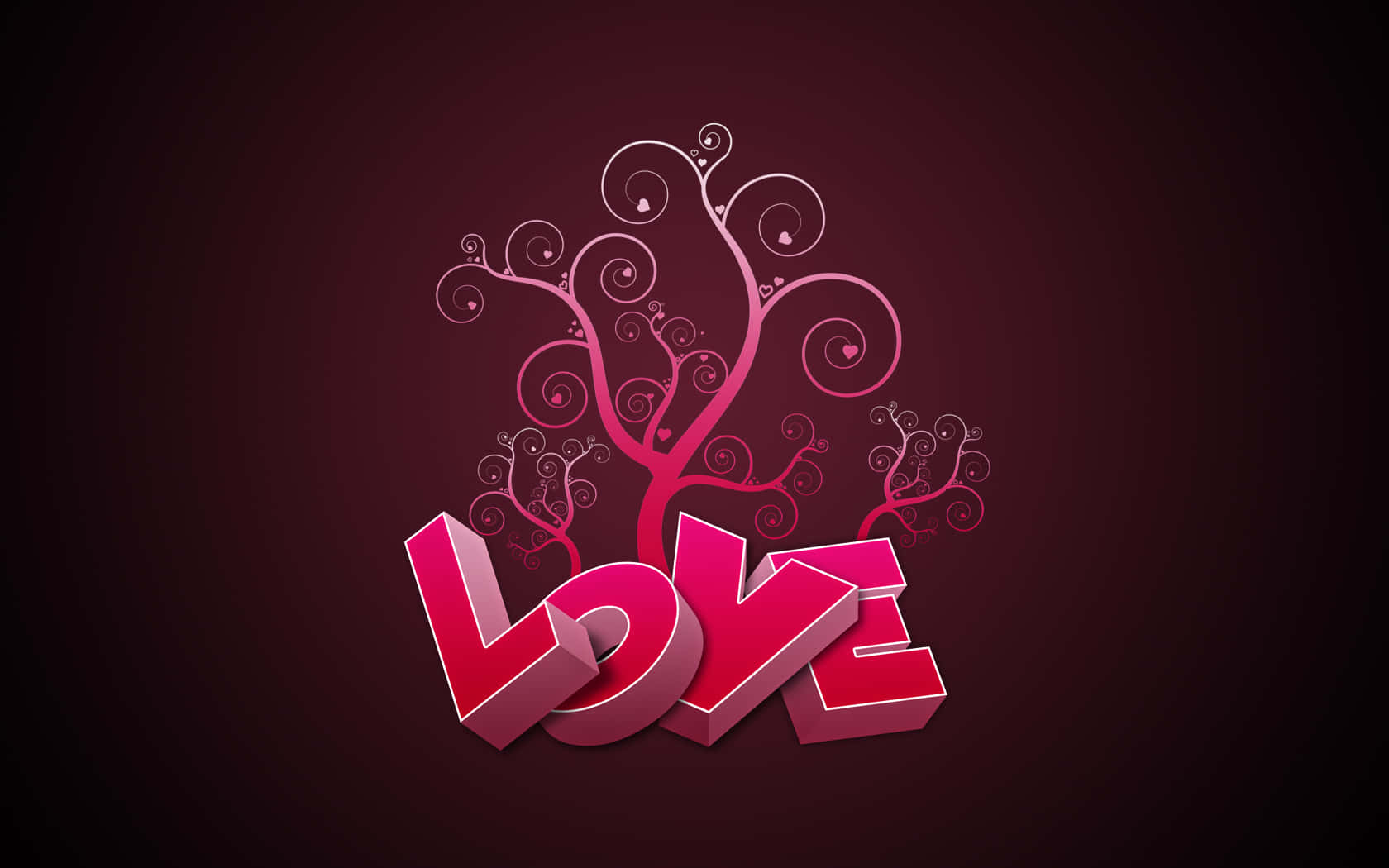 Pink Love 桌布 壁紙 — 大膽的3D粉紅色愛情字母在深酒紅色漸變背景上長出帶有心形的旋渦狀藤蔓般枝條。