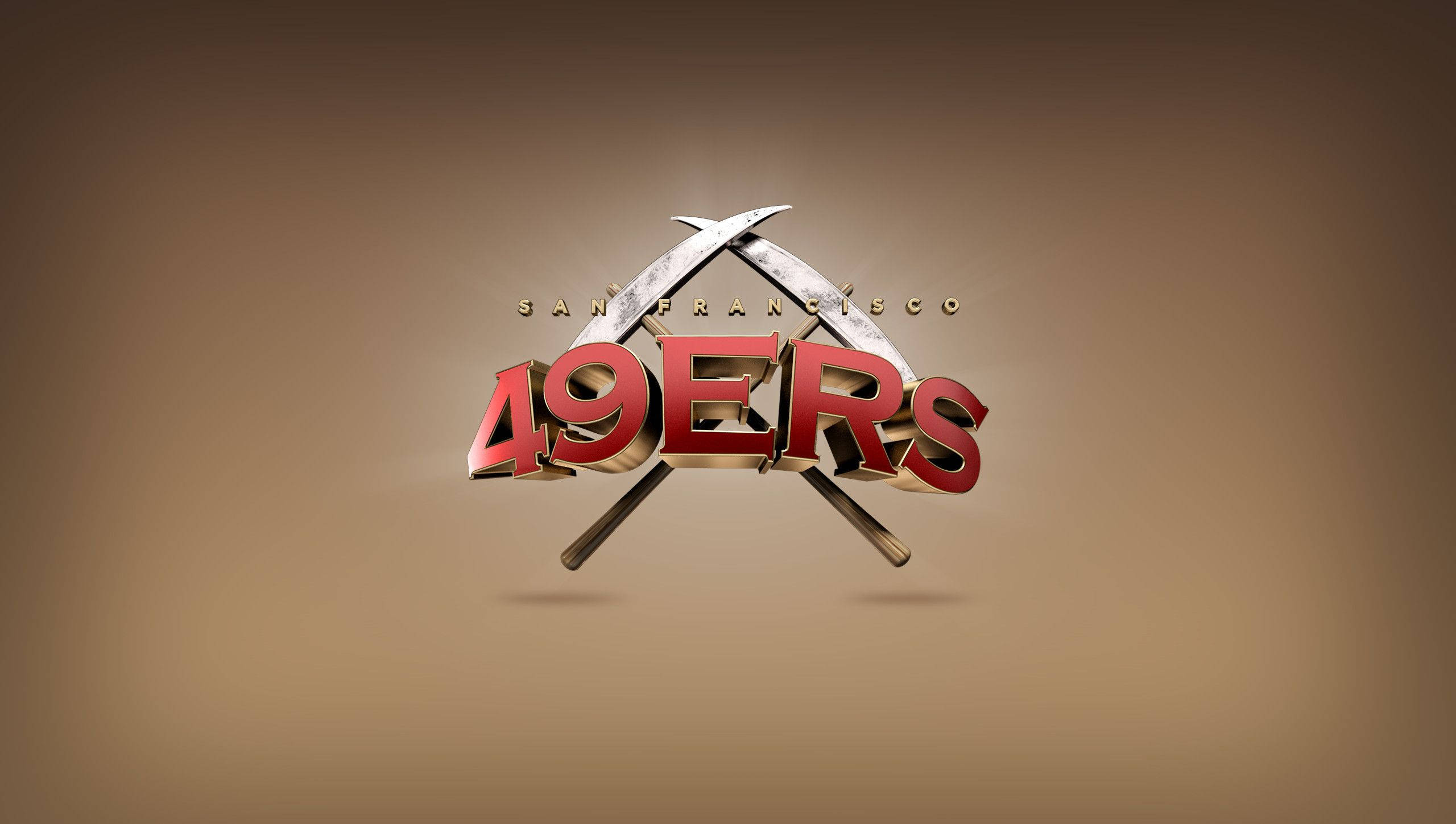 49ers 桌布 壁紙 — 大膽的3D舊金山49人隊標誌，帶有交叉劍和金屬紅色字體，背景為漸變棕色。