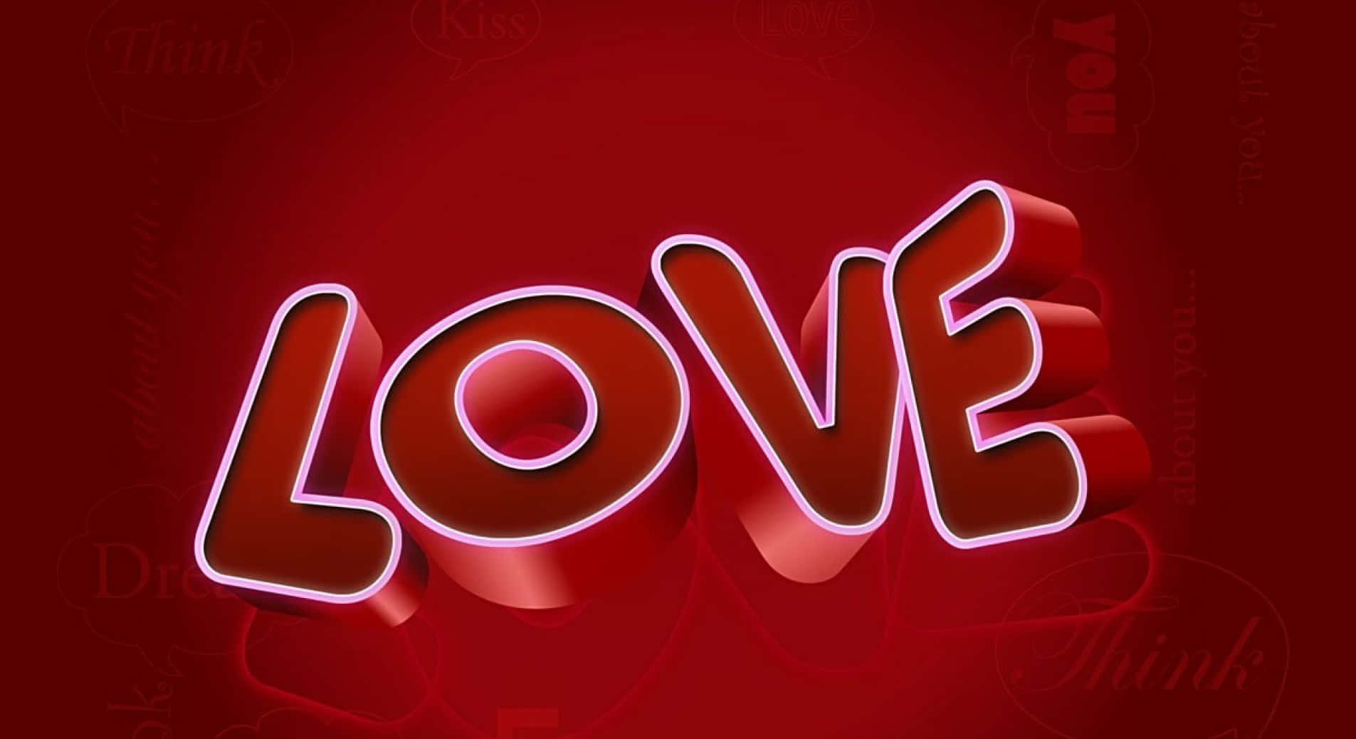 3d Love 桌布 壁紙 — 大膽的3D霓虹燈牌，在深紅色背景上以發光的粉紅色拼出LOVE，並帶有模糊的浪漫短語。